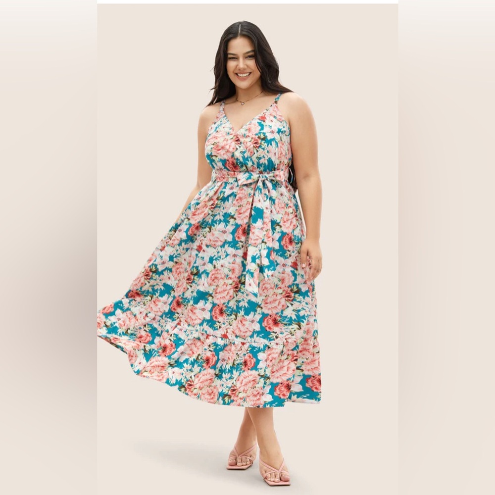 New Bloomchic Belted Floral Cerulean  Sleeveless Dress size 14/16 1X 🌸🌹🌺 216